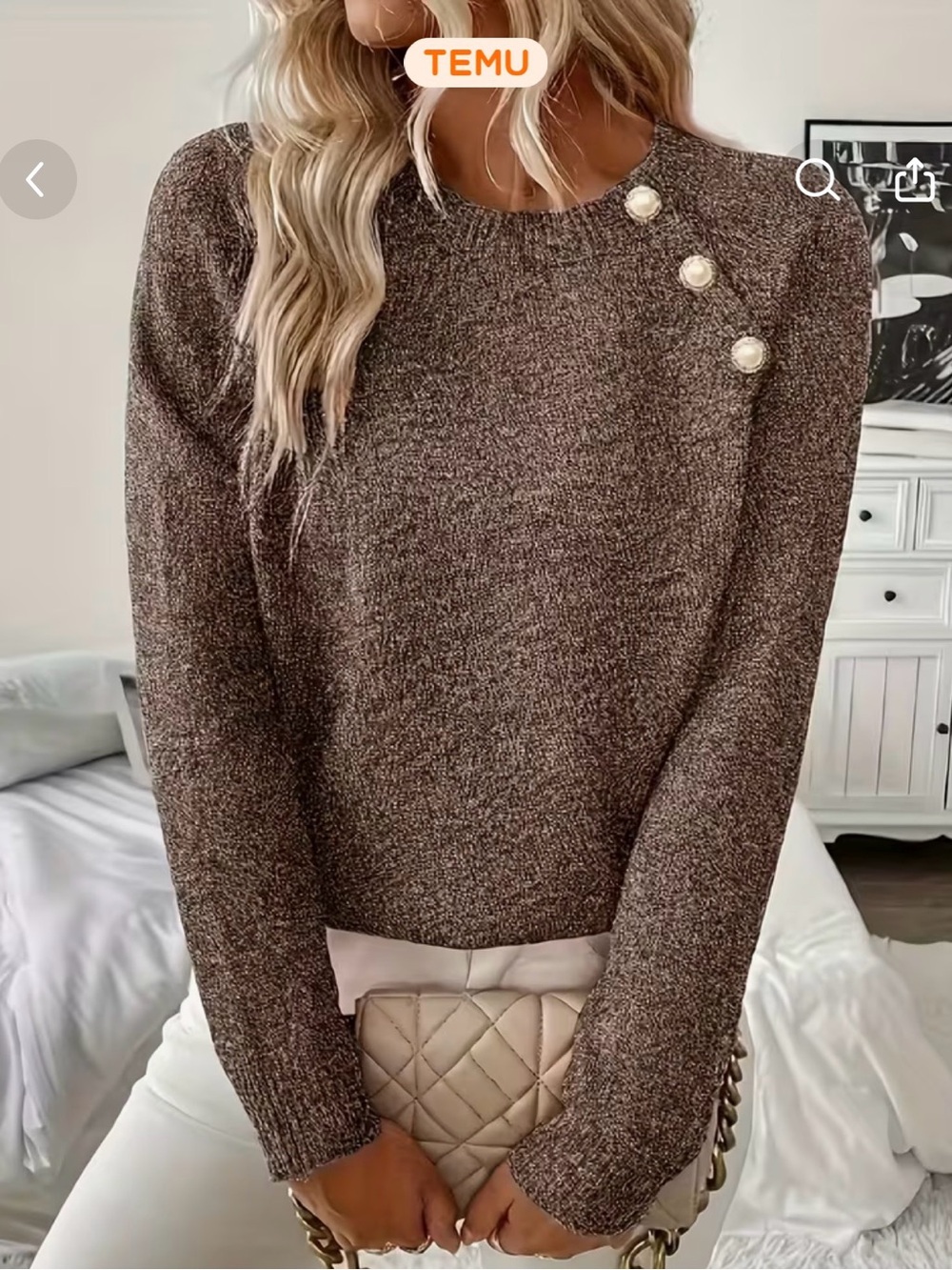 Pearl-Button Crewneck Sweater in Brown
